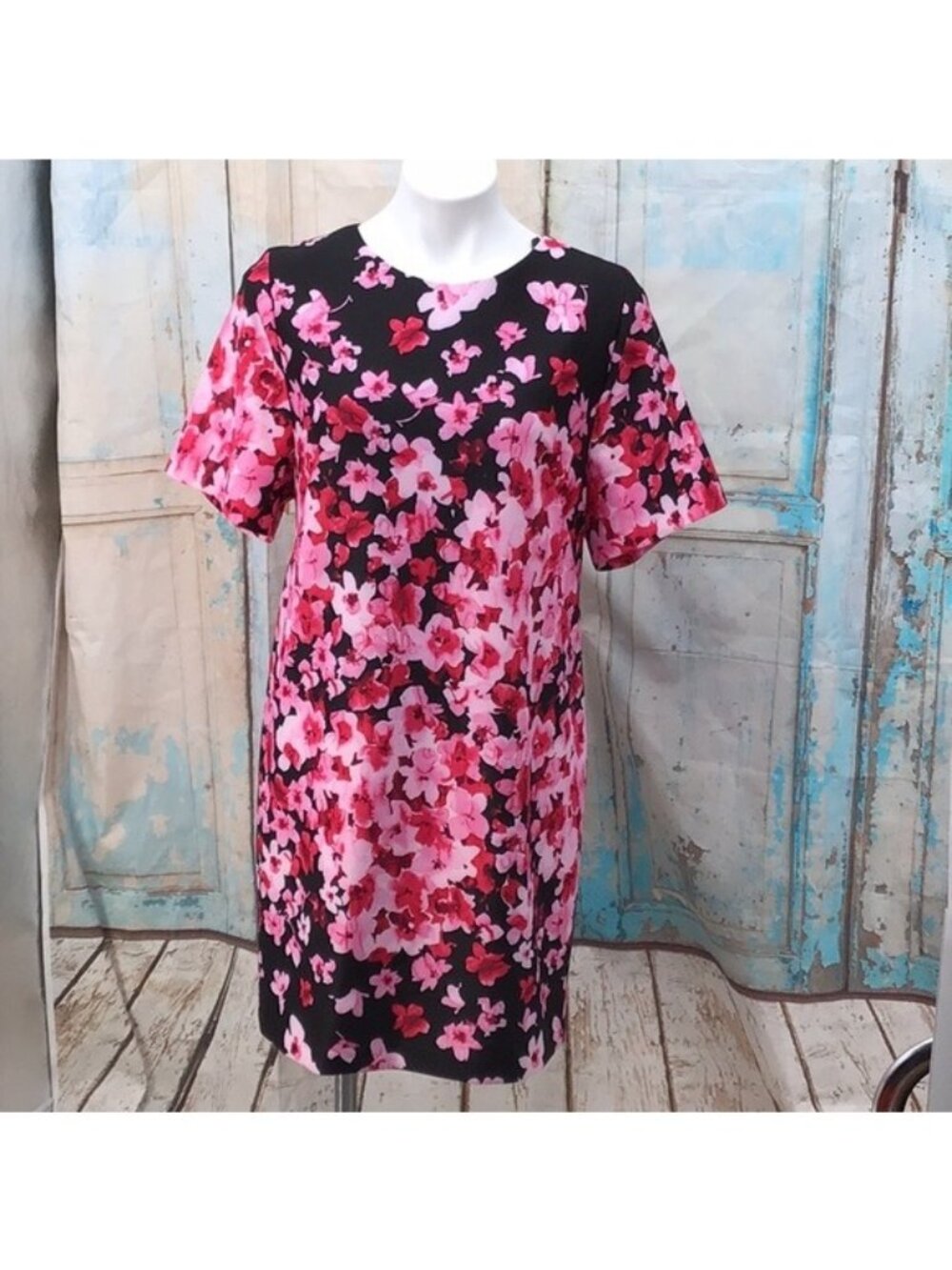 Cherry Blossom Floral Print Short Sleeve Dress By Eliza J Size 8 Black Pink